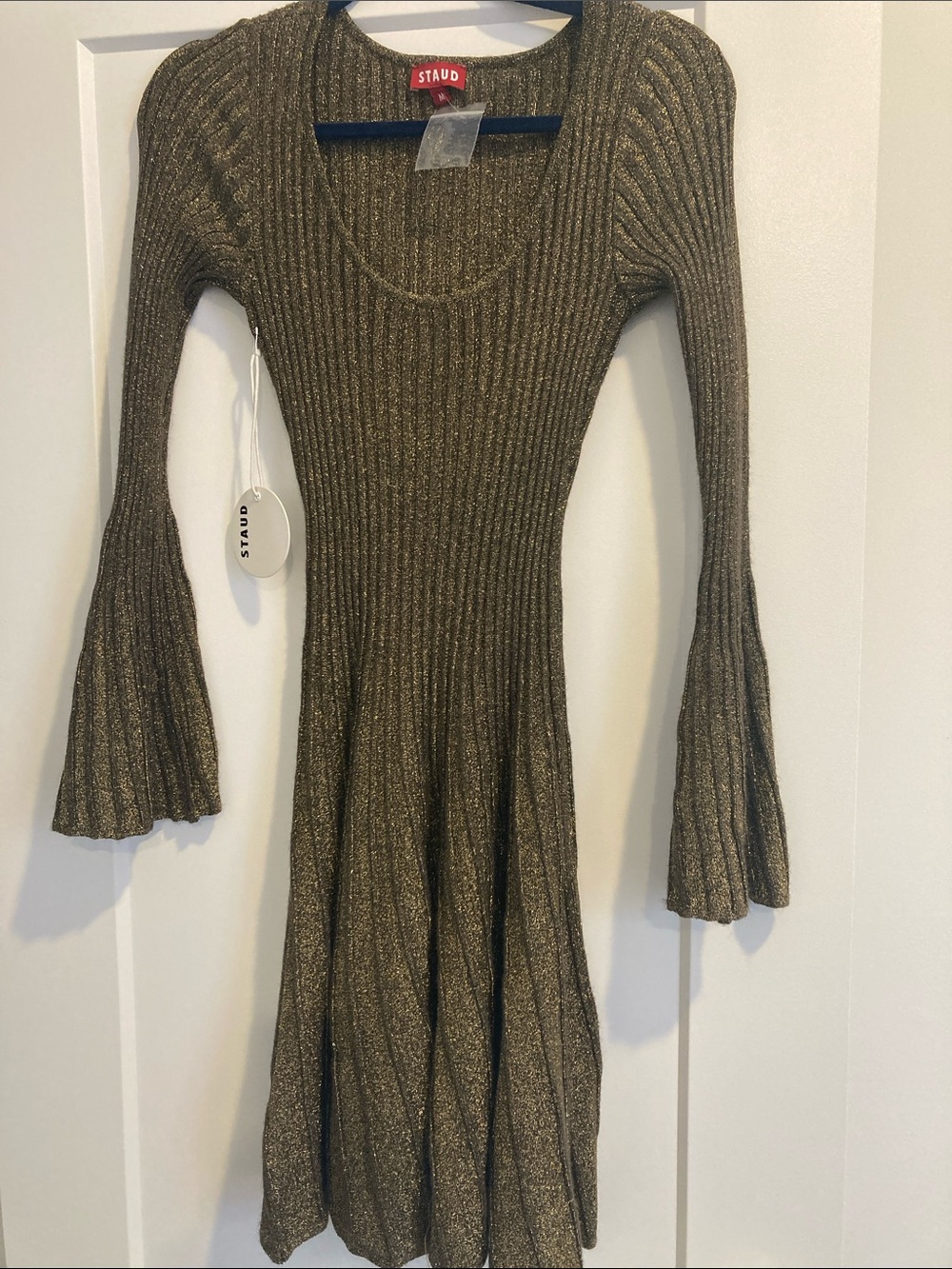 STAUD NWT Ribbed Metallic Long-Sleeve Knit Dress in Olive Gold